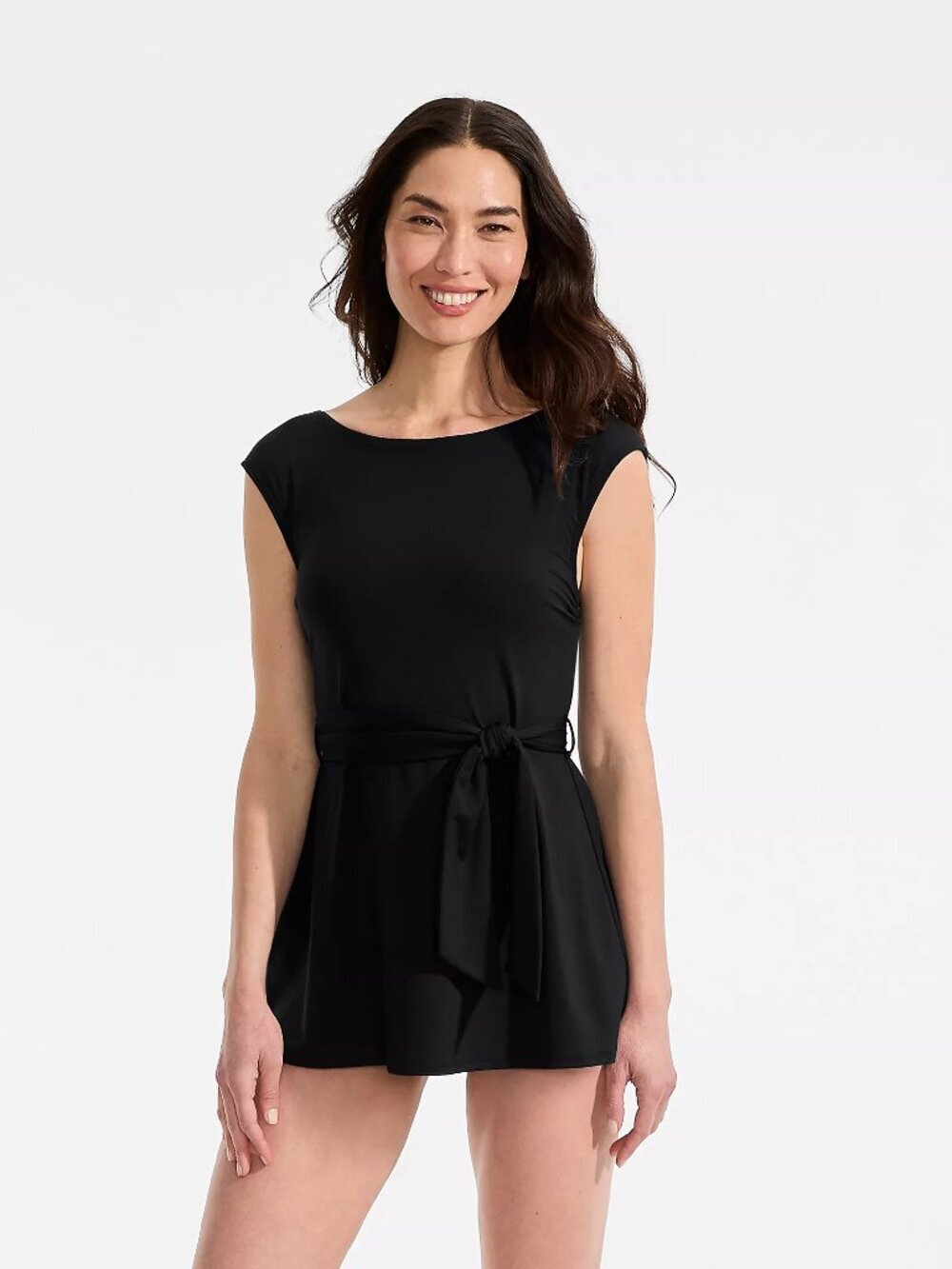 NWT Lands End Black Women's Cap Sleeve Tie Belt Mini Swim Dress Sz 2 $144